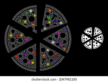 Flare mesh pizza pieces constellation icon with lightspots. Illuminated vector constellation based on pizza pieces pictogram. Sparkle carcass mesh pizza pieces on a black background.