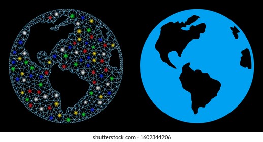 Flare mesh planet Earth icon with glow effect. Abstract illuminated model of planet Earth. Shiny wire carcass polygonal mesh planet Earth icon. Vector abstraction on a black background.