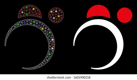 Flare mesh planet system icon with glow effect. Abstract illuminated model of planet system. Shiny wire frame triangular mesh planet system icon. Vector abstraction on a black background.
