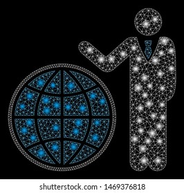 Flare mesh planetary manager with glow effect. Abstract illuminated model of planetary manager icon. Shiny wire frame polygonal mesh planetary manager. Vector abstraction on a black background.
