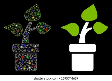 Flare mesh plant icon with glitter effect. Abstract illuminated model of plant. Shiny wire frame polygonal network plant icon. Vector abstraction on a black background.