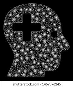 Flare mesh plus head with lightspot effect. Abstract illuminated model of plus head icon. Shiny wire carcass polygonal mesh plus head. Vector abstraction on a black background.