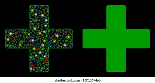 Flare mesh plus icon with lightspot effect. Abstract illuminated model of plus. Shiny wire frame polygonal mesh plus icon. Vector abstraction on a black background.