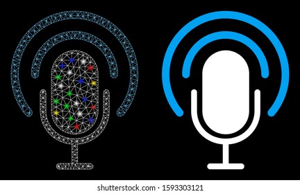 Flare mesh podcast icon with sparkle effect. Abstract illuminated model of podcast. Shiny wire frame triangular mesh podcast icon. Vector abstraction on a black background.