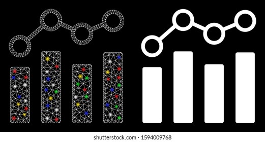 Flare mesh point chart icon with sparkle effect. Abstract illuminated model of point chart. Shiny wire frame polygonal mesh point chart icon. Vector abstraction on a black background.
