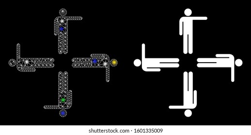 Flare mesh pointing men icon with sparkle effect. Abstract illuminated model of pointing men. Shiny wire carcass triangular mesh pointing men icon. Vector abstraction on a black background.