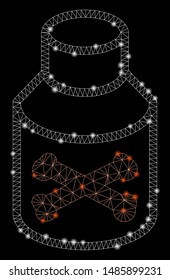 Flare mesh poison bottle with glitter effect. Abstract illuminated model of poison bottle icon. Shiny wire carcass polygonal mesh poison bottle. Vector abstraction on a black background.
