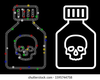 Flare mesh poison phial icon with sparkle effect. Abstract illuminated model of poison phial. Shiny wire carcass triangular network poison phial icon. Vector abstraction on a black background.