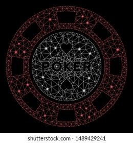 Flare mesh poker casino chip with glare effect. Abstract illuminated model of poker casino chip icon. Shiny wire carcass triangular mesh poker casino chip. Vector abstraction on a black background.