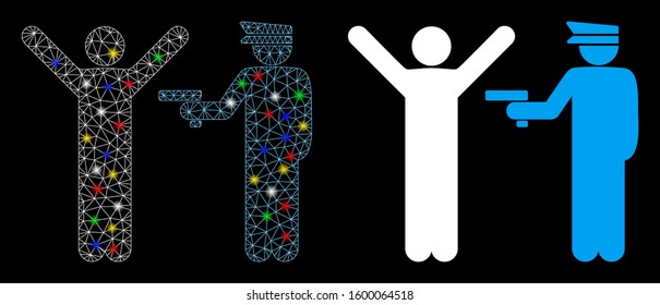 Flare mesh police arrest icon with glare effect. Abstract illuminated model of police arrest. Shiny wire frame triangular mesh police arrest icon. Vector abstraction on a black background.