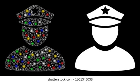 Flare mesh policeman icon with glitter effect. Abstract illuminated model of policeman. Shiny wire frame triangular mesh policeman icon. Vector abstraction on a black background.