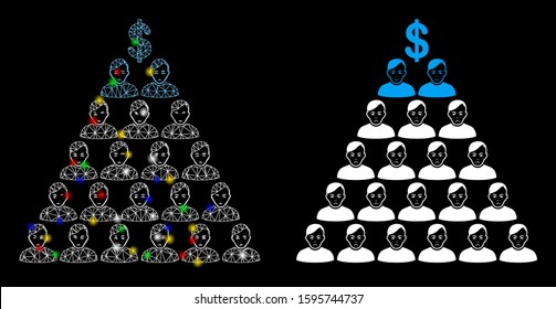 Flare mesh Ponzi pyramid scheme icon with lightspot effect. Abstract illuminated model of Ponzi pyramid scheme. Shiny wire carcass polygonal mesh Ponzi pyramid scheme icon.