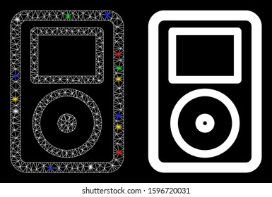 Flare mesh portable media player icon with sparkle effect. Abstract illuminated model of portable media player. Shiny wire carcass polygonal mesh portable media player icon.