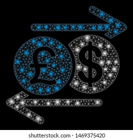 Flare mesh pound dollar exchange with sparkle effect. Abstract illuminated model of pound dollar exchange icon. Shiny wire carcass polygonal mesh pound dollar exchange.