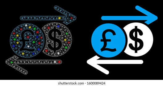 Flare mesh pound dollar exchange icon with glow effect. Abstract illuminated model of pound dollar exchange. Shiny wire carcass polygonal mesh pound dollar exchange icon.