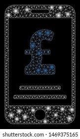 Flare mesh pound mobile payment with glitter effect. Abstract illuminated model of pound mobile payment icon. Shiny wire carcass polygonal mesh pound mobile payment.