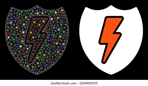 Flare mesh power shield icon with glare effect. Abstract illuminated model of power shield. Shiny wire frame polygonal mesh power shield icon. Vector abstraction on a black background.