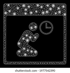 Flare mesh pray clock calendar page with glare effect. Abstract illuminated model of pray clock calendar page icon. Shiny wire carcass polygonal mesh pray clock calendar page.