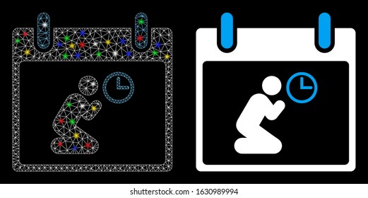Flare mesh pray time calendar day icon with glitter effect. Abstract illuminated model of pray time calendar day. Shiny wire frame polygonal mesh pray time calendar day icon.