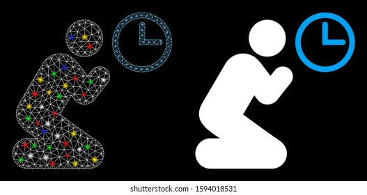 Flare mesh pray time icon with sparkle effect. Abstract illuminated model of pray time. Shiny wire frame polygonal mesh pray time icon. Vector abstraction on a black background.