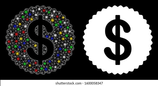 Flare mesh price sticker icon with glare effect. Abstract illuminated model of price sticker. Shiny wire frame polygonal network price sticker icon. Vector abstraction on a black background.