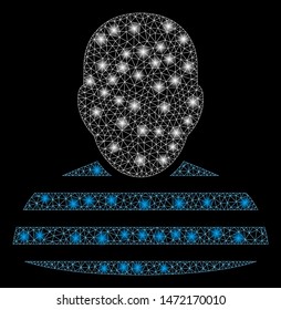 Flare mesh prisoner with sparkle effect. Abstract illuminated model of prisoner icon. Shiny wire frame triangular mesh prisoner. Vector abstraction on a black background.