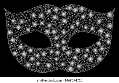 Flare mesh privacy mask with glow effect. Abstract illuminated model of privacy mask icon. Shiny wire carcass triangular network privacy mask. Vector abstraction on a black background.