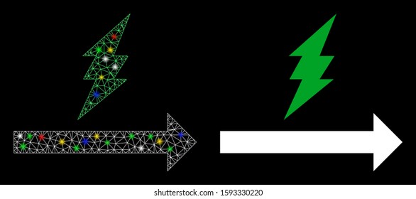 Flare mesh proceed icon with glitter effect. Abstract illuminated model of proceed. Shiny wire carcass polygonal mesh proceed icon. Vector abstraction on a black background.