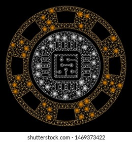 Flare mesh processor casino chip with sparkle effect. Abstract illuminated model of processor casino chip icon. Shiny wire frame polygonal mesh processor casino chip.