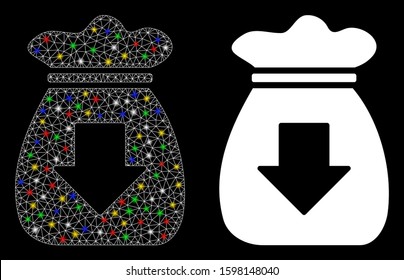 Flare mesh profit bag icon with sparkle effect. Abstract illuminated model of profit bag. Shiny wire frame triangular mesh profit bag icon. Vector abstraction on a black background.
