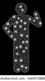 Flare mesh proposal pose with glow effect. Abstract illuminated model of proposal pose icon. Shiny wire frame polygonal network proposal pose. Vector abstraction on a black background.