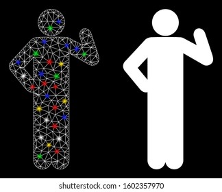 Flare mesh proposal pose icon with lightspot effect. Abstract illuminated model of proposal pose. Shiny wire carcass polygonal mesh proposal pose icon. Vector abstraction on a black background.