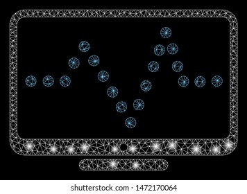 Flare mesh pulse chart with glare effect. Abstract illuminated model of pulse chart icon. Shiny wire frame triangular mesh pulse chart. Vector abstraction on a black background.
