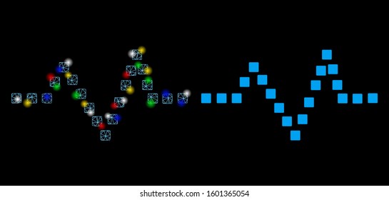 Flare mesh pulse chart icon with glare effect. Abstract illuminated model of pulse chart. Shiny wire carcass polygonal mesh pulse chart icon. Vector abstraction on a black background.