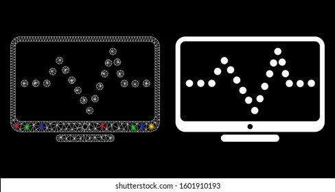 Flare mesh pulse chart icon with glare effect. Abstract illuminated model of pulse chart. Shiny wire carcass triangular mesh pulse chart icon. Vector abstraction on a black background.