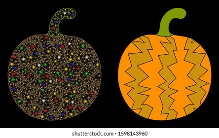 Flare mesh pumpkin icon with glow effect. Abstract illuminated model of pumpkin. Shiny wire carcass polygonal mesh pumpkin icon. Vector abstraction on a black background.