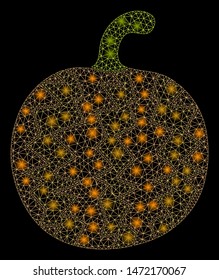 Flare mesh pumpkin with sparkle effect. Abstract illuminated model of pumpkin icon. Shiny wire frame triangular mesh pumpkin. Vector abstraction on a black background.