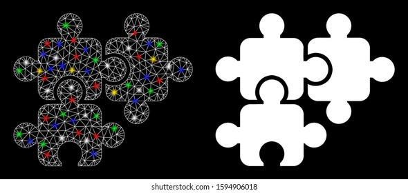 Flare mesh puzzle elements icon with sparkle effect. Abstract illuminated model of puzzle elements. Shiny wire frame polygonal mesh puzzle elements icon. Vector abstraction on a black background.
