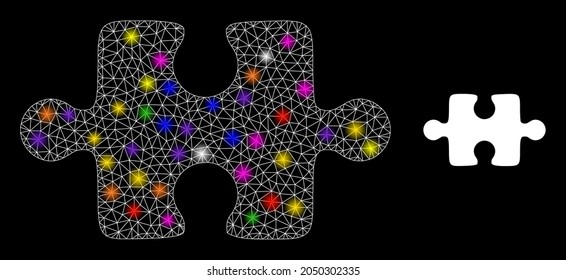 Flare mesh puzzle item constellation icon with light spots. Illuminated vector constellation based on puzzle item pictogram. Sparkle frame mesh puzzle item on a black background.