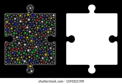 Flare mesh puzzle part icon with lightspot effect. Abstract illuminated model of puzzle part. Shiny wire carcass polygonal mesh puzzle part icon. Vector abstraction on a black background.