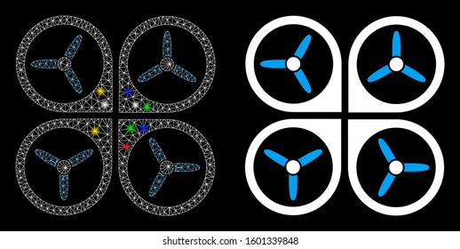Flare mesh quadrotor icon with glare effect. Abstract illuminated model of quadrotor. Shiny wire carcass polygonal mesh quadrotor icon. Vector abstraction on a black background.