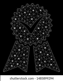 Flare mesh quality seal with glow effect. Abstract illuminated model of quality seal icon. Shiny wire frame polygonal mesh quality seal. Vector abstraction on a black background.