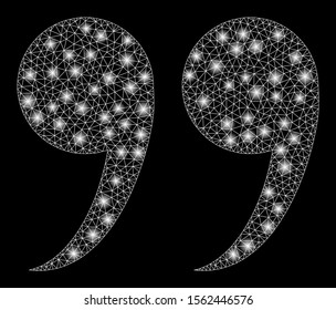 Flare mesh quote symbol with lightspot effect. Abstract illuminated model of quote symbol icon. Shiny wire frame polygonal mesh quote symbol. Vector abstraction on a black background.