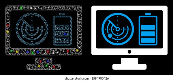 Flare mesh radar battery control monitor icon with glow effect. Abstract illuminated model of radar battery control monitor. Shiny wire carcass polygonal mesh radar battery control monitor icon.