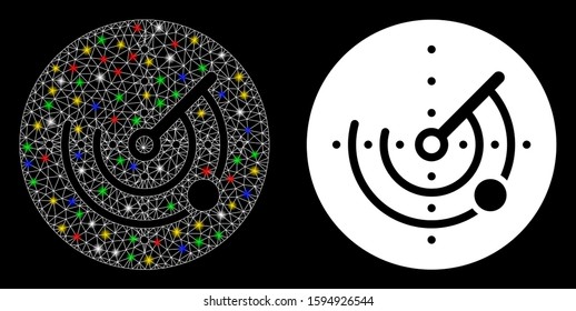 Flare mesh radar icon with glitter effect. Abstract illuminated model of radar. Shiny wire carcass polygonal network radar icon. Vector abstraction on a black background.
