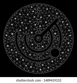 Flare mesh radar with lightspot effect. Abstract illuminated model of radar icon. Shiny wire frame triangular mesh radar. Vector abstraction on a black background.