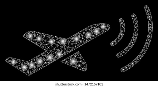 Flare mesh radio intelligence airplane with sparkle effect. Abstract illuminated model of radio intelligence airplane icon. Shiny wire frame polygonal mesh radio intelligence airplane.