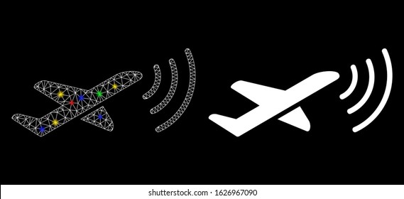 Flare mesh radio intelligence airplane icon with glare effect. Abstract illuminated model of radio intelligence airplane. Shiny wire carcass triangular mesh radio intelligence airplane icon.