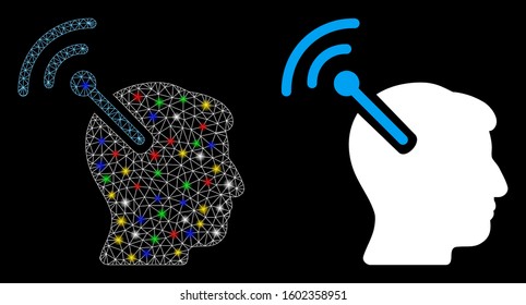 Flare mesh radio neural interface icon with sparkle effect. Abstract illuminated model of radio neural interface. Shiny wire carcass triangular mesh radio neural interface icon.