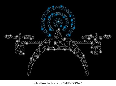 Flare mesh radio source drone with glare effect. Abstract illuminated model of radio source drone icon. Shiny wire frame triangular mesh radio source drone. Vector abstraction on a black background.